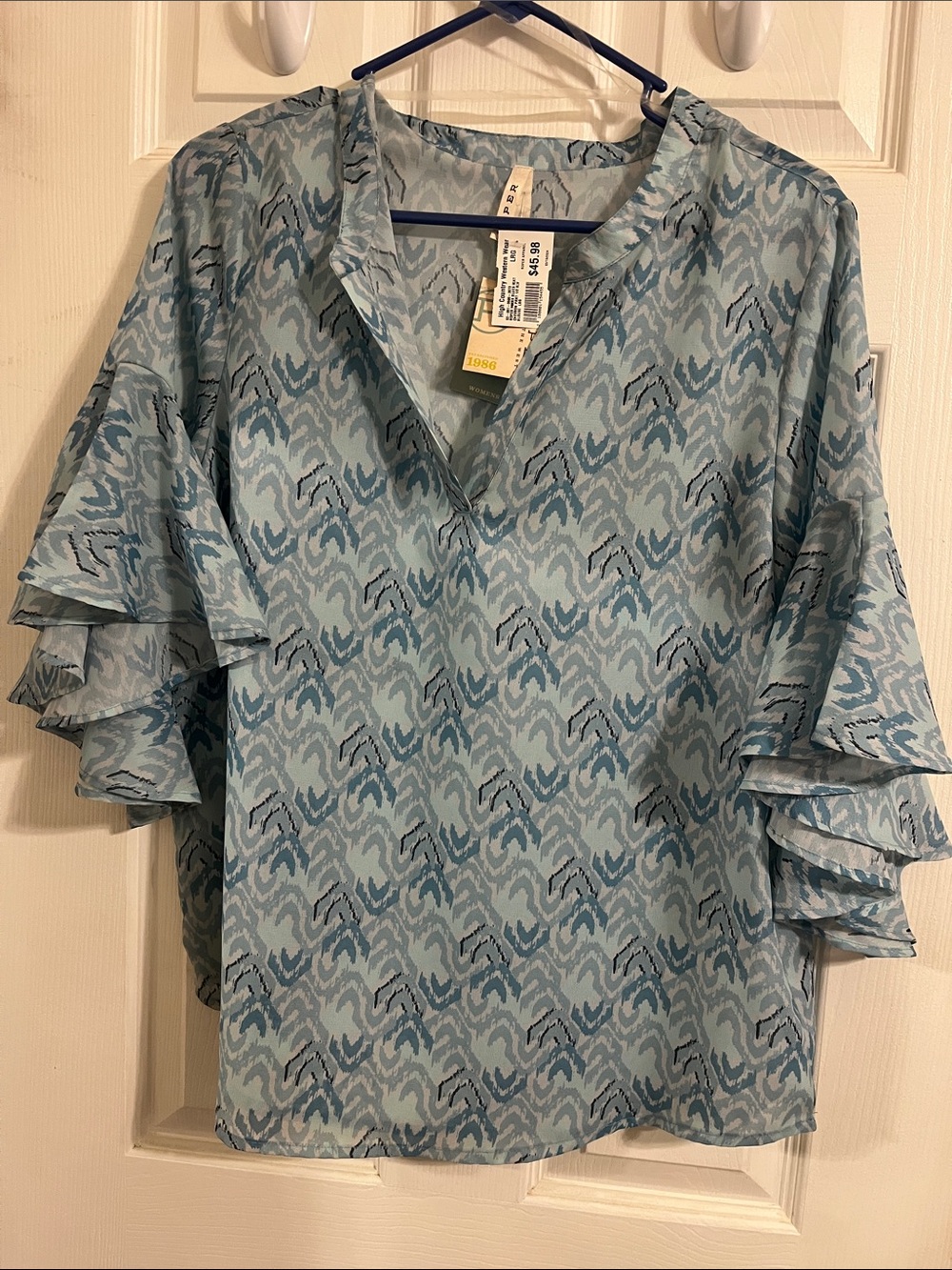 Roper western Light Blue Patterned Ruffle Sleeve Women’s Blouse